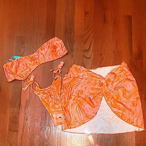 BNWT Fashion Nova 3 piece swimsuit Sz M Pink & Orange.